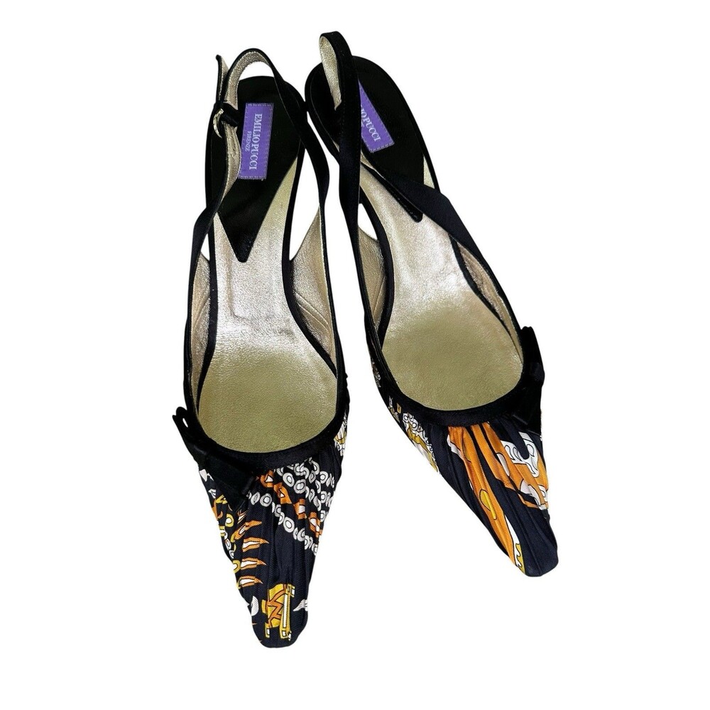 Emilio Pucci Print Slingback Shoes 38.5 Italy Heels Satin Pointed Toe Y2K - Picture 9 of 9
